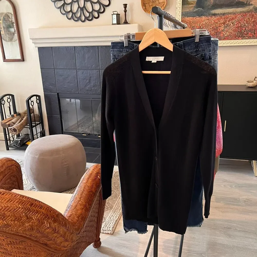 Loft Cardigan Womens Size XS Black Button Down Linen Blend Fabric Buttons